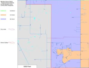 Map of the Director District 4 area in purple. This is the southwest corner of our school district boundary. This area encompasses part of the Cordata Neighborhood, from Guide Meridian west to Aldrich Road, and roughly from W. Horton Road north to W. Smith Road.